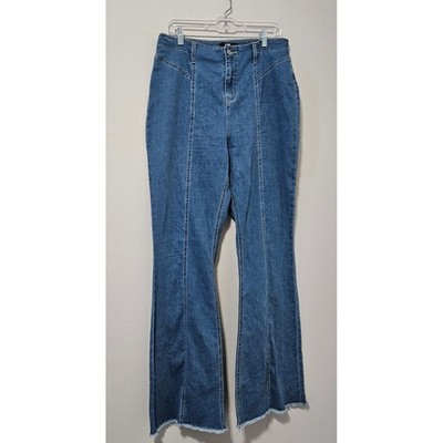 YMI Womens High Rise Seamed Front Flare Jeans Medium Wash Raw Hem Size 15/32