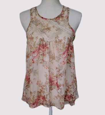 Lily White Top Sz M Sheer Material Sleeveless Floral Print Lace Fringe Accent