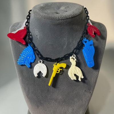 #ad Vintage Western Charm Necklace with Unusual Large Plastic Charms $68.00