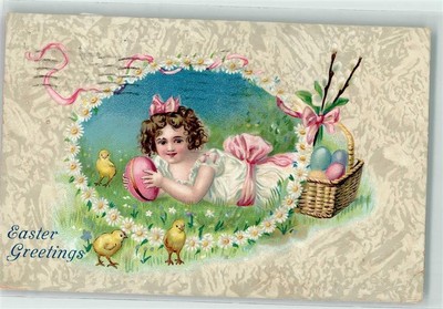 39191438 - Praegedruck Easter Greetings Kind Kueken Korb mit bunten Eiern Litho