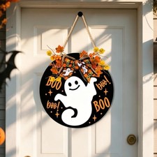 Halloween Ghost Boo Wooden Wreath Door Sign - Farmhouse Front Door Hanger Decor