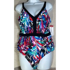 JANTZEN Women's Tummy Control One Piece Swimsuit Tropical Leaf Print Black 14