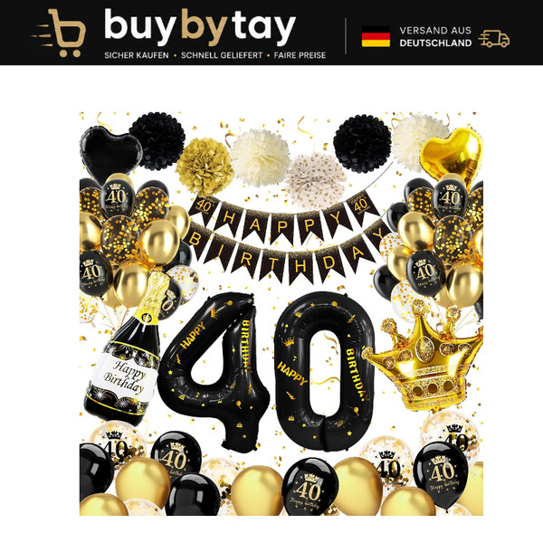 Geburtstagsdeko 40 Jahre Schwarz Gold Mit Happy Birthday Banner FüR MäNner-image