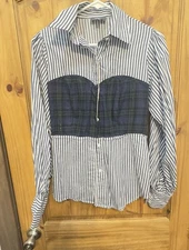 Greysn Striped Plaid Button Down Blouse M Corset Peplum Shirt Blue White Grunge