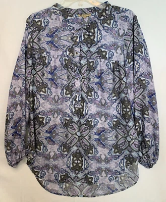 Democracy Womens Top 1X Purple Paisley Half Button Femme Flowy Ruffle Boho - Image 1 of 4