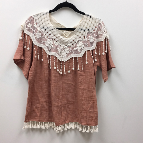 Entro Damen Bluse Braun Weiß Baumwolle Kurzarm Rundhals Quaste Spitze S Neu