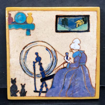 Brayton Laguna Tile Woman with Cats Vintage California