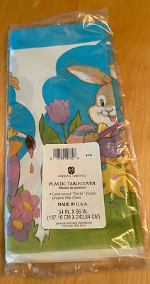 AMERICAN GREETINGS PLASTIC TABLECLOTH USA MADE EASTER BUNNY THEME 54'' X 96''