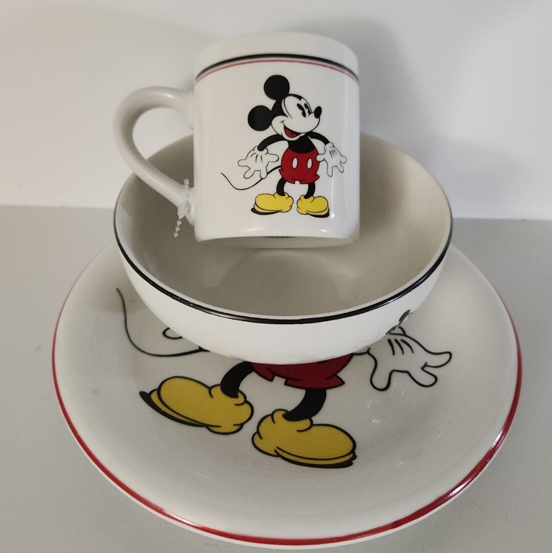 Vintage Authentic Walt Disney Ceramic Mickey Mouse Bowl, Plate And