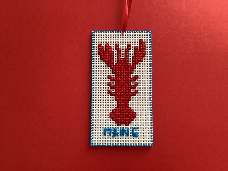 Maine Lobster  Christmas Ornament, Handmade, Cross Stitch