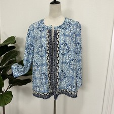 Chico's Women's Lightweight Cover Up Jacket 3/4 Sleeve Linen Open Size 3 Blue XL