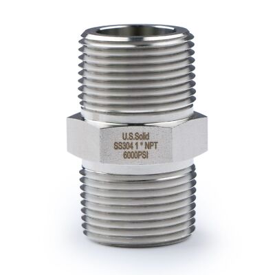 U.S. Solid 304 Stainless Steel Fitting Hex Nipple, NPT 1'' Male x 1'' Male