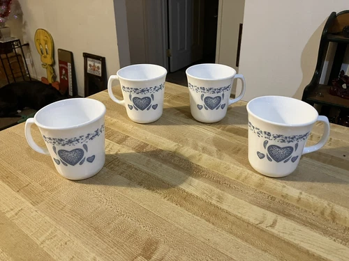 Vintage Set Of 4, Sponge Blue Heart Corning Ware Coffee Cups Never Used