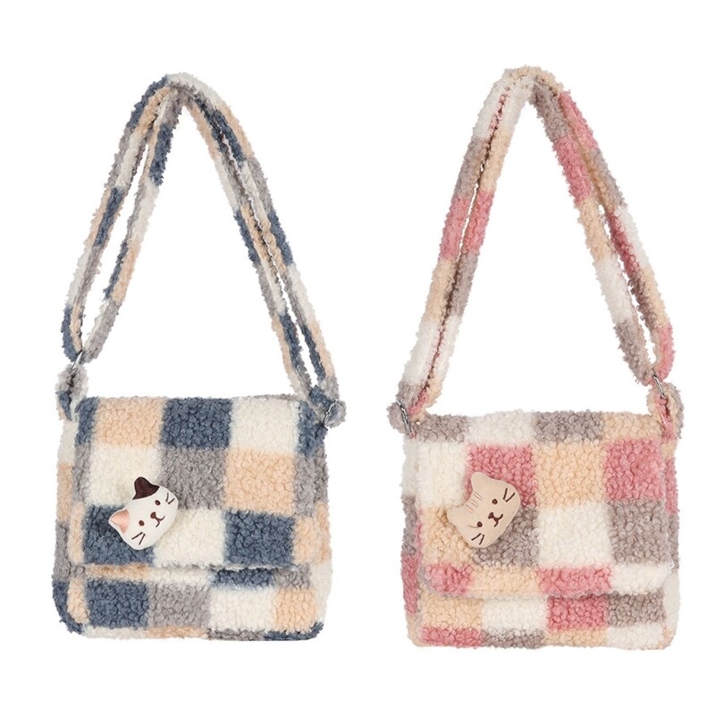 All-matching Plush Crossbody Bags for Women Flap Bag Plaid Shoulder Bag Ins
