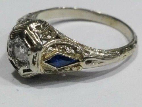Antique Deco Diamond & Sapphire 18K White Gold Ladies Ring Size 6.25 - Picture 4 of 12