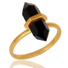 Terminated Pencil Shape Black Onyx Ring 925 Silver Gold Plated Gemstone Ring