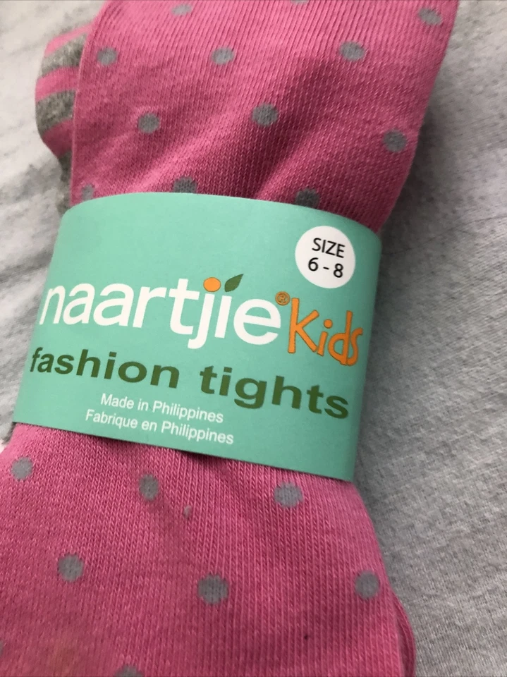 NWT Naartjie Kids Fashion Tights Girls 6-8 Pink Gray Knit Stripe Polka Dot Funky - Image 3 of 4