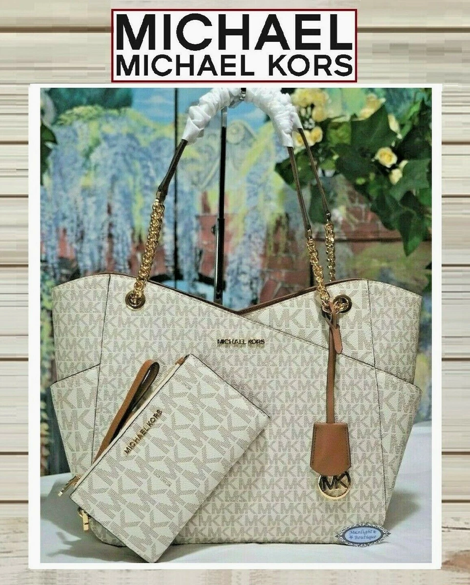 Michael Kors Jet Set Travel Large Chain Female Shoulder Tote Handbag  Vanilla mk Signature Logo 