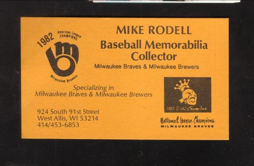 Baseball Memorabilia Collector Mike Rodell Business Card West Allis Wisconsin