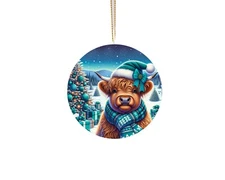 Teal Winter Highland Cow Ceramic Ornament Christmas Tree Decoration