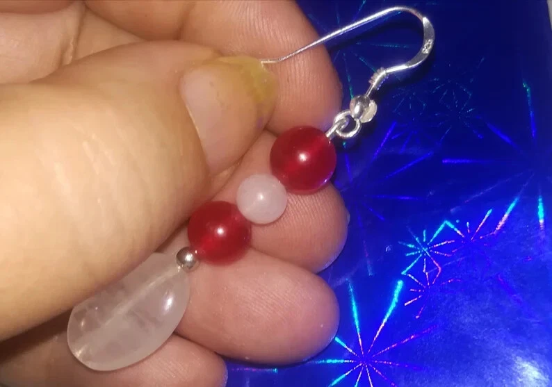 ORECCHINI QUARZO ROSA E GIADA ROSSA IN ARGENTO 925 FATTI A MANO, PIETRE NATURALI - Immagine 4 di 4