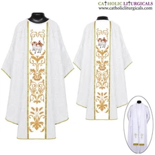 NEW White Gothic Vestment and Stole set with Agnus Dei Embroidery, Casula, Casel