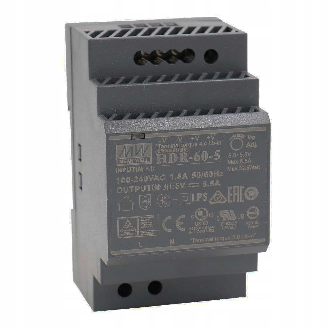 Alimentation Mean Well HDR-60-5 rail DIN 60W pour armoires électriques industrielles