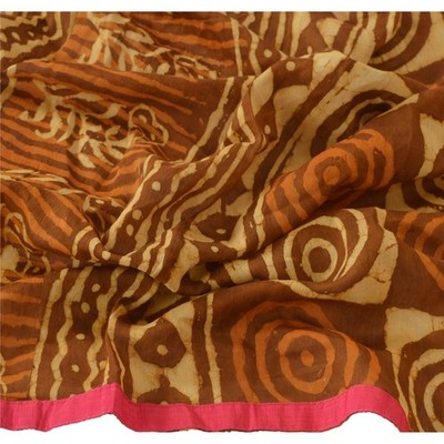Sanskriti Vintage Dupatta Long Stole Pure Chanderi Silk Brown Shawl Batik Work