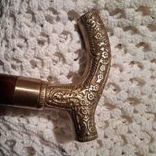 Antique Men's Brown Walking Stick Vintage 3-section Wooden Cane Brass Handle