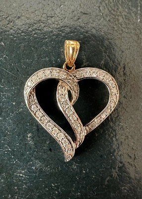 Vintage 9K Gold 0,25ct Diamant Herz Anhänger - gedrehtes Design, 1,8g, 2,5cm, Box