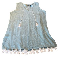 Tahari Linen Sleeveless Tassel Hem Aqua White Stripe Swim Cover Dress Sz LARGE