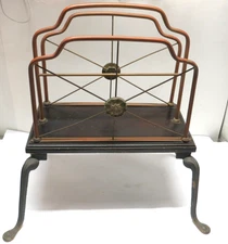 Vintage Wood  Brass Magazine Book Record Holder Rack Home Storage Decor