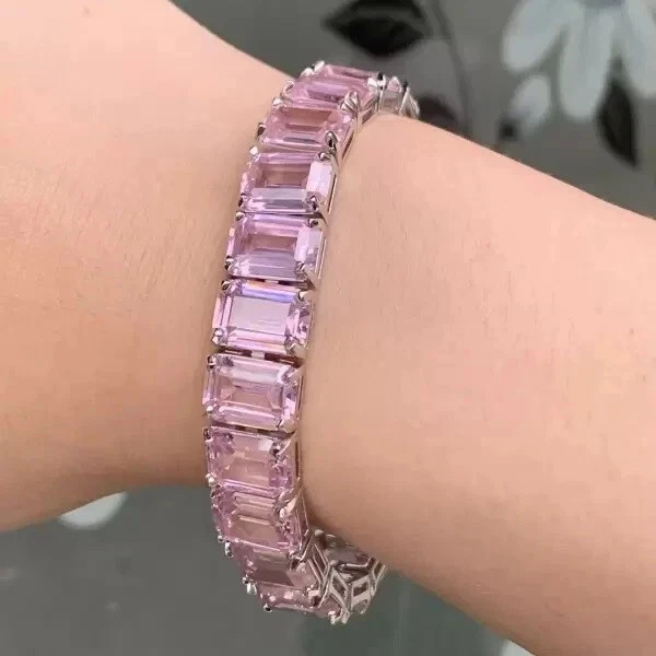 Brazalete tenis mujer 45CT creado en laboratorio corte esmeralda zafiro rosa chapado en oro 14K Foto 2 de 4