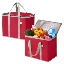 2 Pack Cooler Bag Red, Insulated Grocery Delivery Collapsible Reusable Shopping