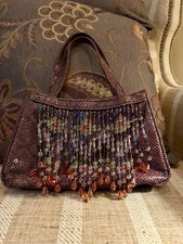 Vintage-look Park Ave Multi-color Beaded Brown Faux Snake Skin Purse 6" Handle