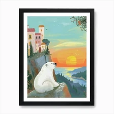 Polar Bear Looking At A Sunset From Framed Wall Art Poster Canvas Print Picture