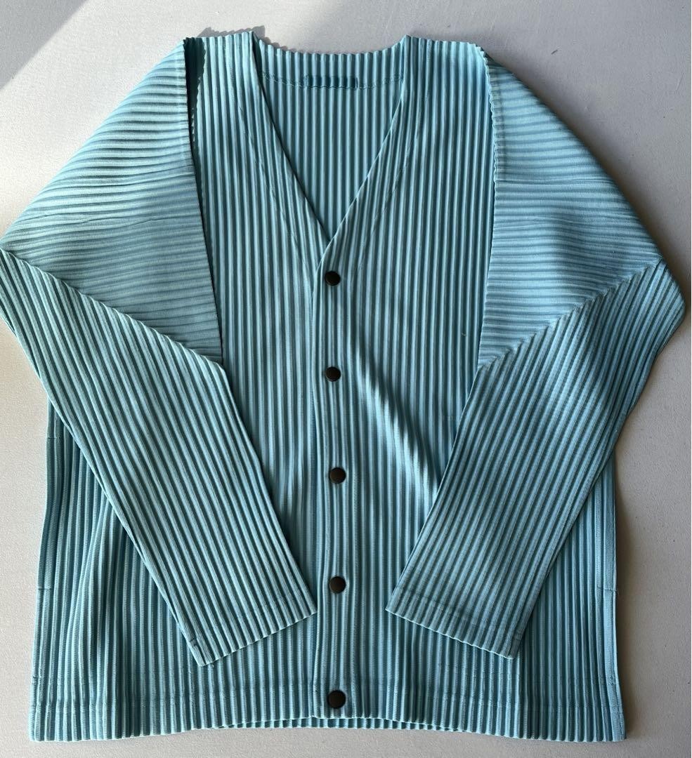 美品 HOMME PLISSE カーディガン 3 グリーン HOMME PLISSE ISSEY MIYAKE Pleated Cardigan Size 3 Mist Blue
