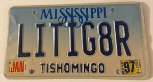 LITIG8R Vanity License Plate Litigator Attorney Lawyer Tishomingo County