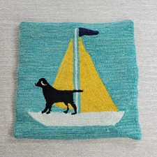 Handmade Hooked Wool Pillow Cover Dog Sailboat Nautical Coastal 17x17