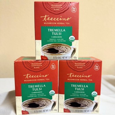 Teeccino Tremella Tulsi Mushroom Herbal Tea Organic Adaptogen Carob Cardamom X3