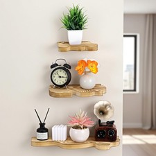 Rustic Wave Edge Floating Shelves - 3 Pcs Brown Wooden Wall Decor with Brackets