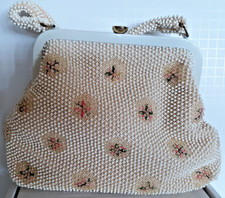Vtg original Corde Bead purse designed by Lumured 11" long 9" tall with mirror