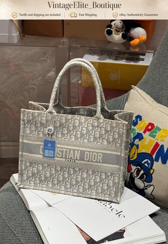 Christian Dior Book Tote Medium Gray Canvas Silver HW Tote Bag Preowned Authenti