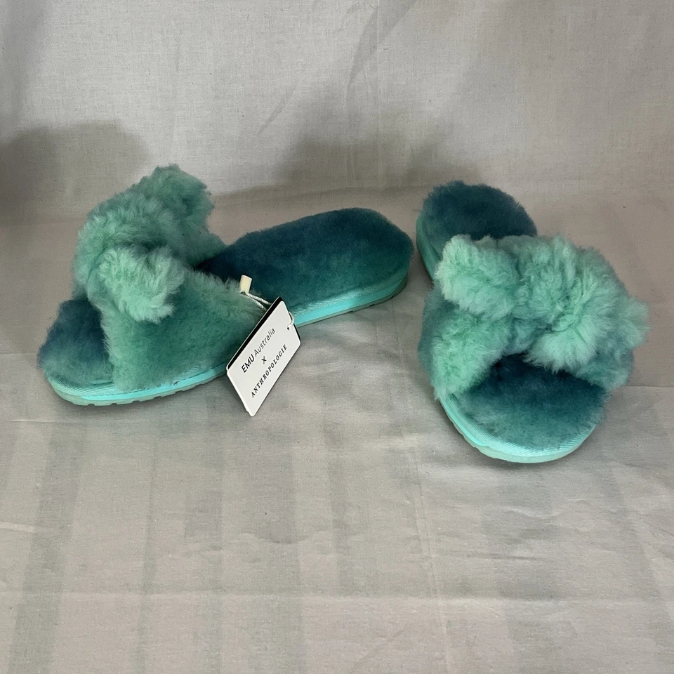 EMU Australia x Anthropologie Naledi Bow Slippers Slides Shearling Sz 8 Teal - Image 4 of 4