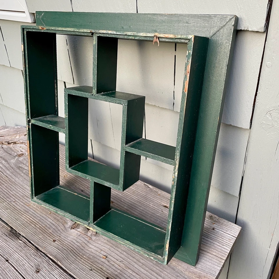 15.5" Primal Painted Green Square Asian Geometric Style Mid Century Wood Shelf - Image 3 of 4