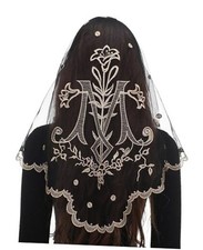 Triangular Camellia Sacred Heart Veil - Church Wedding Embroidered Black Gold