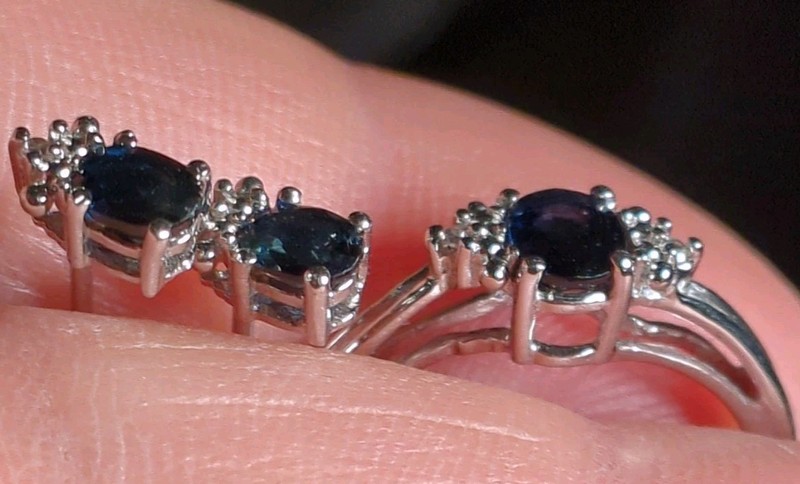  10K STS stamped White Gold Oval Blue Sapphire Ring size 7 and earrings set 