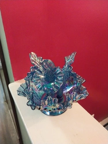 Vintage Fenton Blue Carnival 3 Horn Hobnail Epergne