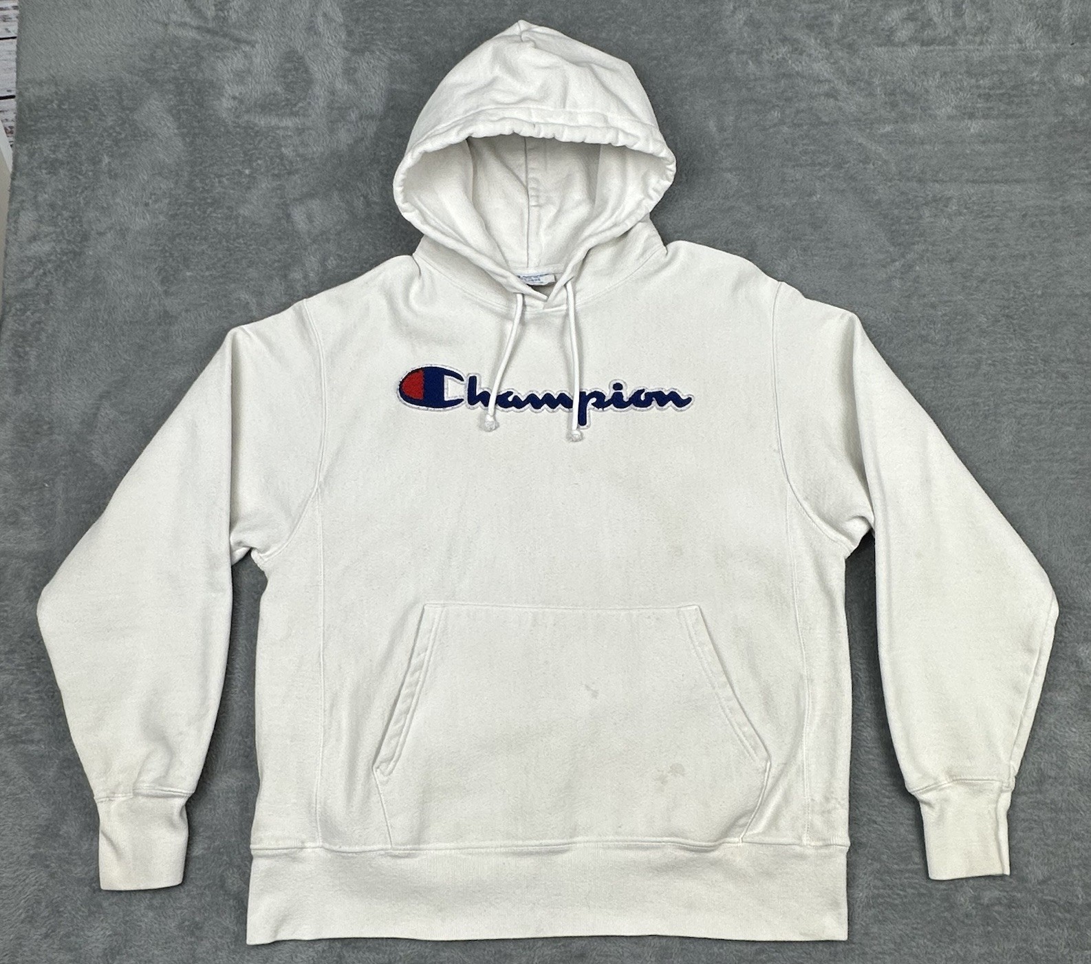 VTG Champion Sweatshirt Mens Med White Reverse Weave Hoodie Embossed Logo READ