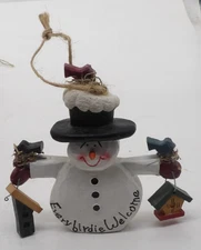 Primitive Folk Art Snowman Birds Christmas Tree Ornament Every Birdie Welcome